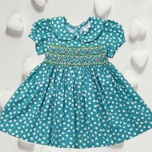 Blue with White Hearts Hand-Smocked Embroidered  Toddler Girl Dress. Size 2T